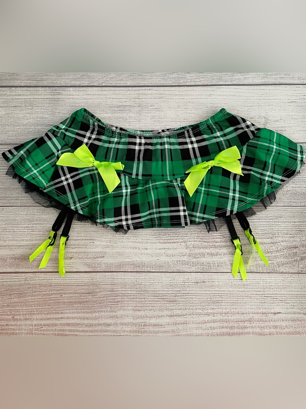 Green Plaid Micro Mini Skirt with Garter Strap